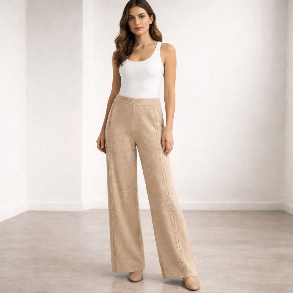 Love Scarlett Knit Cozy Wide Leg Pants Large NWT Fawn Heather Suede Beige Soft